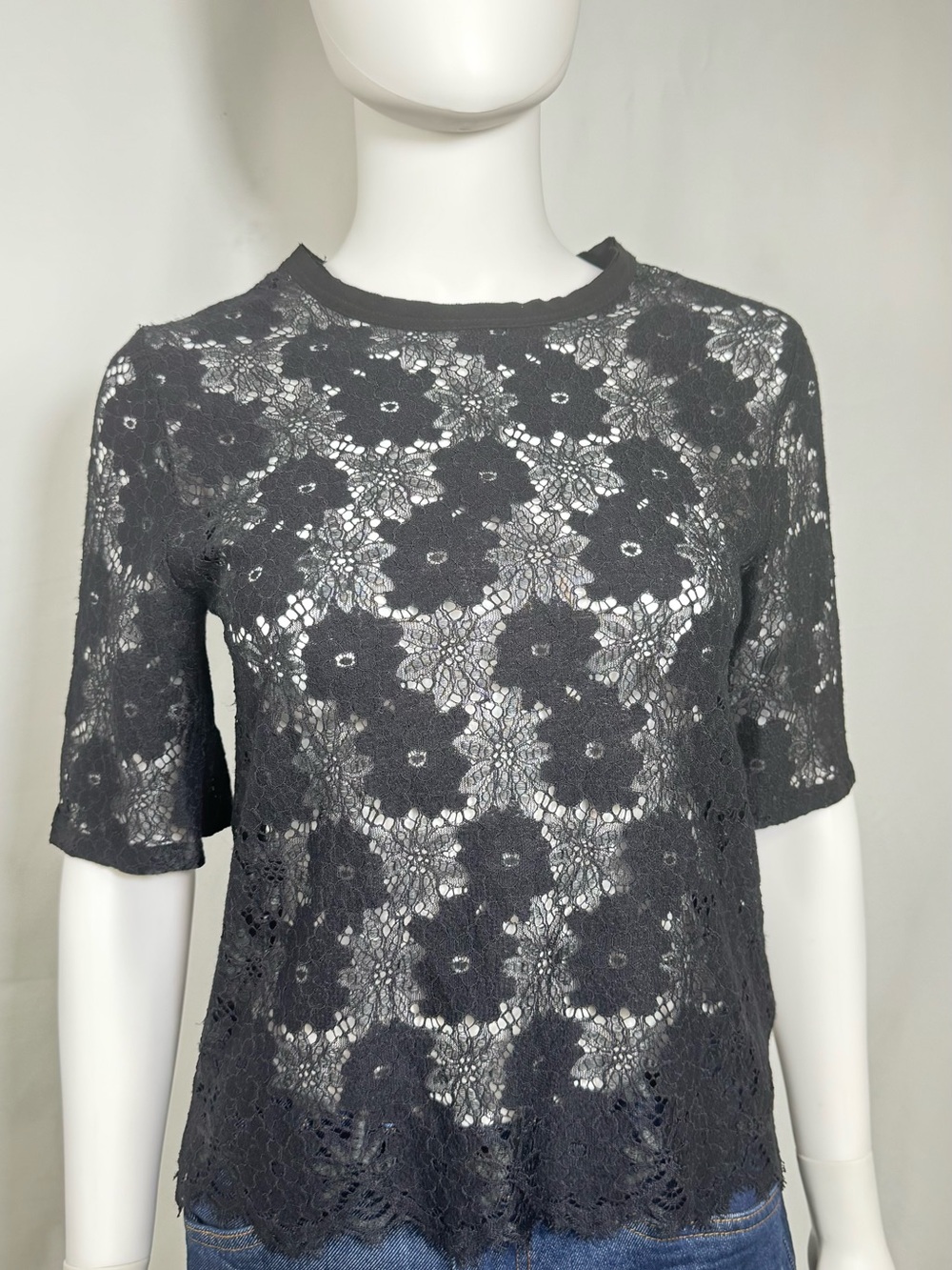 Sandro Paris Black Taina Floral Lace Crop Top Blouse Size 1 US S